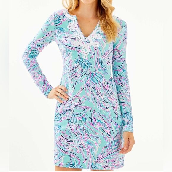 Lilly Pulitzer Size M Long Sleeve Harper Shift Dress Bayside Blue Under The Moon - Picture 1 of 9